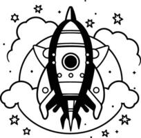 space rocket with stars and clouds icon cartoon element illustration graphic design in black and white vector