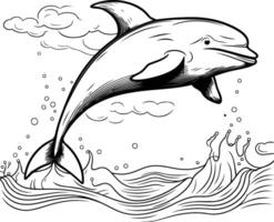 Dolphin jumping out of the water illustration in black and white vector