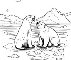 Polar bear and cub on the shore of the lake illustration vector