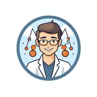 Scientist in round icon illustration of a scientist in lab coat and glasses vector
