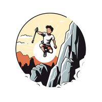 Climber on a mountain peak illustration in retro style vector