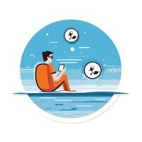 element illustration of a man sitting on the beach and reading a book vector