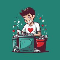illustration of a man throwing a heart in a trash can vector