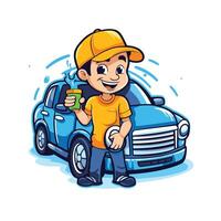 Cartoon car wash worker holding a cup of coffee illustration vector