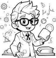 Black and White Cartoon Illustration of a Boy Student or Professor with Books and Microscope for Coloring Book vector