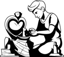 Black and white illustration of a man sculpting a heart with a pottery wheel vector