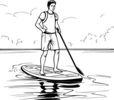 Man on a stand up paddle board Black and white illustration vector