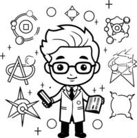 Boy with science and education elements cartoon element illustration graphic design in black and white vector