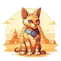 Cute cat sitting in front of pyramids illustration vector