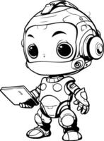Cute cartoon astronaut with tablet computer illustration for coloring book vector