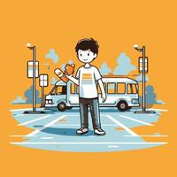 Man with a dog in the bus stop illustration in flat style vector