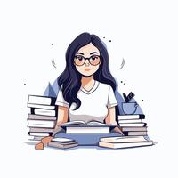 illustration of a girl with glasses and books Isolated on white background vector