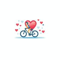 Woman riding a bicycle with heart illustration in flat style vector
