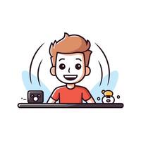 Cute boy playing computer games illustration in cartoon style vector
