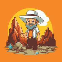 Miner with a beard in the mountains cartoon illustration vector