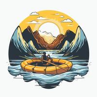 Kayaking in the mountains illustration of a man in a boat on the lake vector