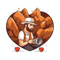 Man in a hat with a camera in the form of a heart illustration vector