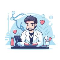 Handsome doctor in lab coat working with computer illustration vector