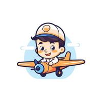 Cute little boy pilot with airplane character illustration design vector
