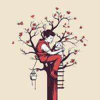 element illustration of a man sitting on a tree and holding a cat vector