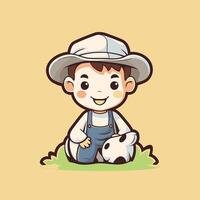 Cute boy playing with a panda on the grass illustration vector