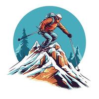 Skier on the top of the mountain illustration in retro style vector