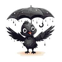 Cute black crow with umbrella on white background illustration vector