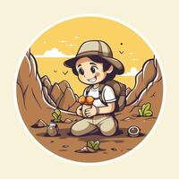 Illustration of a Little Boy Hiking in the Desert with a Strawberries vector