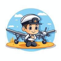Cute pilot with airplane on the beach cartoon element illustration graphic design vector
