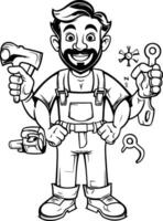 Black and White Cartoon Illustration of a Construction Worker or Plumber Character with Tools vector