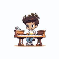Cute little boy playing piano cartoon illustration isolated on white background vector
