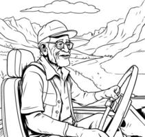 Old man driving a car illustration in black and white vector