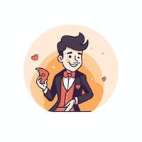 Groom in a tuxedo holding a heart illustration vector