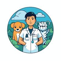 Veterinarian with dog and cat cartoon round icon element illustration graphic design vector