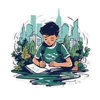 illustration of a boy writing in a notebook in the park vector