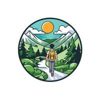 Hiker with backpack in the mountains illustration on white background vector