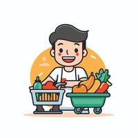 Man with shopping cart full of fresh vegetables and fruits illustration vector