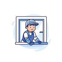 Worker in the window Worker in a protective helmet and uniform Flat illustration vector