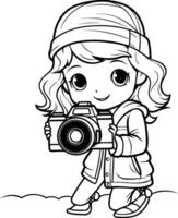 Black and White Cartoon Illustration of Cute Little Girl Photographer with Camera for Coloring Book vector