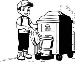 Boy throwing garbage in the trash can Black and white illustration vector