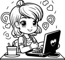 Girl using laptop computer with heart doodles on screen illustration vector