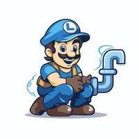 Plumber with pipe isolated on white background Plumber cartoon illustration vector