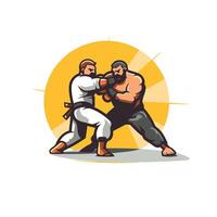 Illustration of a pair of judo fighters fighting viewed from front set inside circle on isolated background done in retro style vector