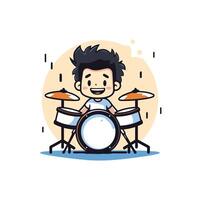 Cute boy playing drums Cute cartoon character illustration vector
