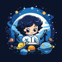 Cute little boy playing space game illustration in cartoon style vector