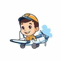 cute boy pilot with airplane over white background colorful design illustration vector