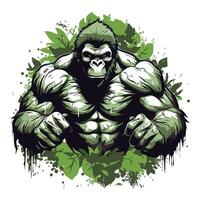 element illustration of a strong gorilla with grunge green leaves on white background vector