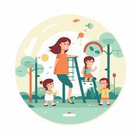 Mother and children playing in the park illustration in flat style vector