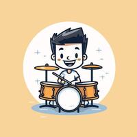 Cute boy playing drums flat cartoon character illustration design vector