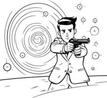 Cartoon illustration of a man aiming a gun at the target vector